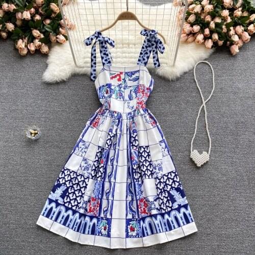 Europe Style Fashion Summer Women Lace-up Sleeveless Vintage Print Spaghetti Strap A Line Dress Ladies Party Dresses Vestido