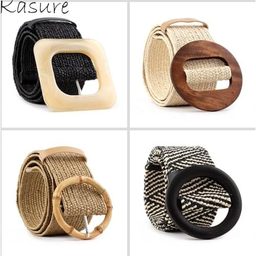 KASURE 2020 Wooden Buckle Boho Waist Belt Summer Woven Round Smooth Straw Wide Belts For Women Plastic PP Casual Waistband