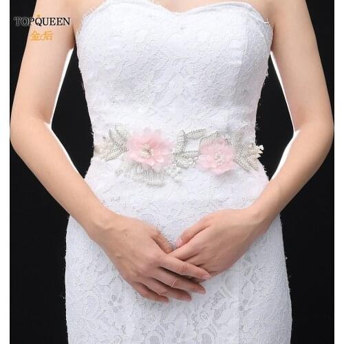 TOPQUEEN S498 Belt with Embroidery Belts Party of Flower Belt with Crystals Pink Floral Bridal Dress Belt Wedding Belt Woman