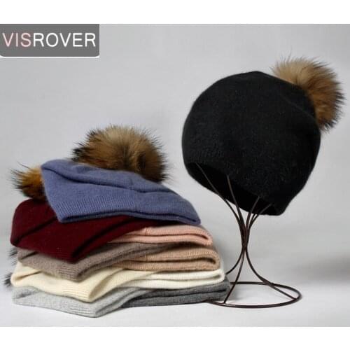 VISROVER 10 Color Winter Beanies Solid Hats Real Fur Pompom Rabbit Cashmere Woman Skullies Warm Luxury Beanie Fashin Bonnet Gift