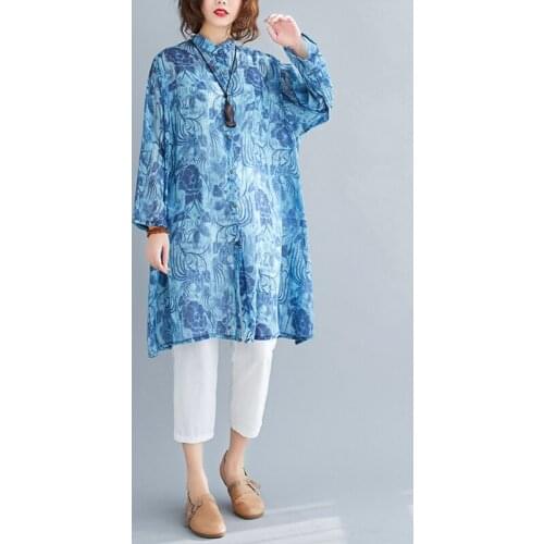 Oversized Bluse Printed Chiffon Women Shirts Summer Vintage Turn-Down Loose Elegant Office Lady Long Outwear Blouse Tops