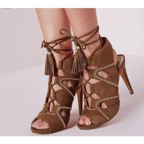 Top Summer New Brand Women Patchwork Cuts Out Gladiator Cross Lace Up Fringe Peep Toe 100 mm High Heels Party Thin Heels Sandals