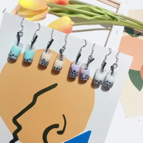 Summer Cool with Ins Personality Funny Creative Beverage Earrings Pearl Milk Tea Cup Ear Hooks Modern Women Earrings Jewelry