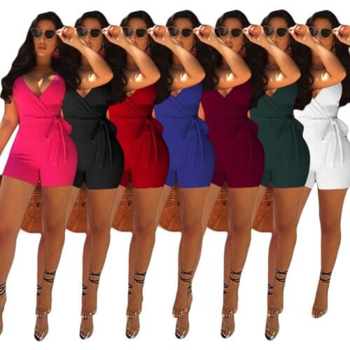 2019 Womens Summer Jumpsuit Sexy Deep V-neck Ruffled One-piece Fashion Casual Solid Color