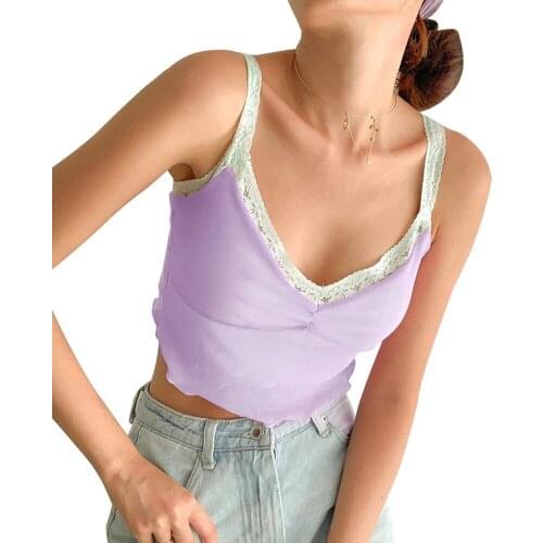 Women Sexy V Neck Vest Lace Cami Tank Tops, Double Mesh Sleeveless Camisole Cute Camis Top