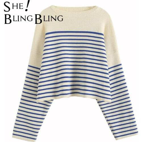 SheBlingBling Za Women 2021 Knit Sweater Traf Simple Striped Contrast Color Pullover Loose Casual Fashion Elegant Top Pull Femme