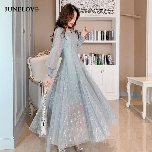 JuneLove Summer Sequin Fairy Dress Women Elegant Sweet Puff Sleeve Korean Slim Solid Maxi Dress Casual Club Party Dress 2021