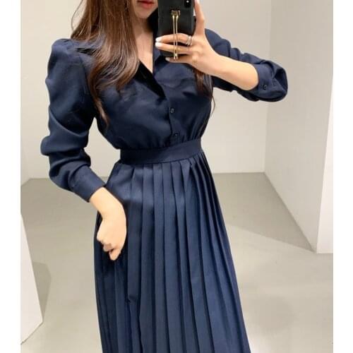 Vestido OL Elegant Temperament Retro Sexy Mid Length Long Sleeve Lapel Pleated Shirt Dress Women Belt Solid Oversize Robe Casual