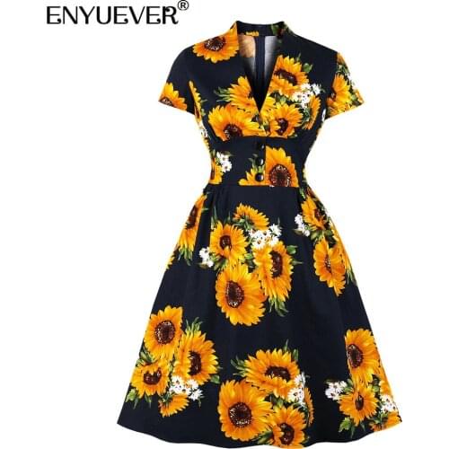 Enyuever Vintage Dress Summer Clothes Short Sleeve High Waist Cotton Robe Pin Up Swing Floral Women Casual Dresses With Pockets