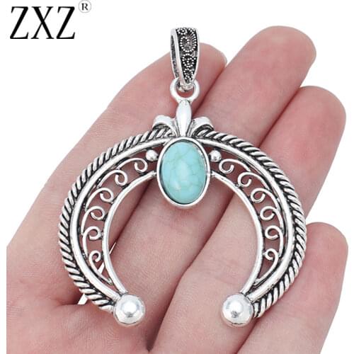 ZXZ 2pcs Large Crescent Moon Double Horn Faux Turquoise Stone Charms Pendants for Necklace Jewelry Making 67x54mm