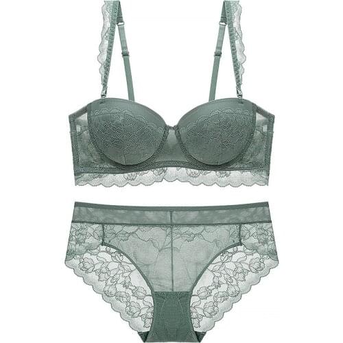 2020 New Lace Half Cup Bra with Removable Straps Push Up Bra and Panties Set Underwear Women Lingerie White Black Green
