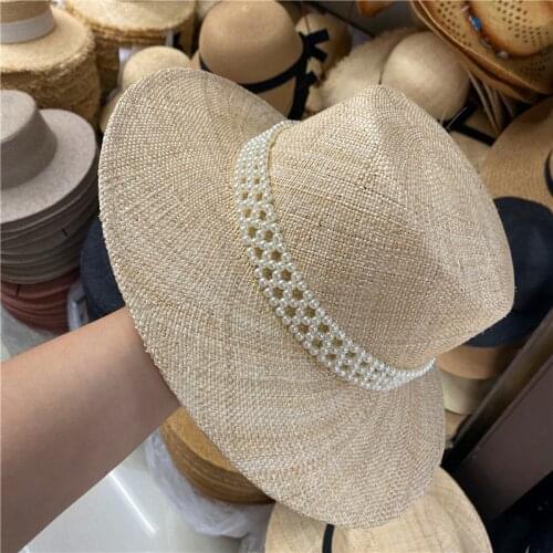 202006-shi manual Treasure grass weaving pearl ribbon lady fedoras cap women panama jazz outdoor hat