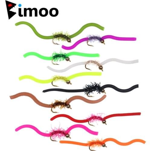Bimoo 10PCS Mix Color #10 Brass Bead Head Sanjuan Worms Pink Olive Green with Flasher Body for Trout Fishing Squirmy Worms
