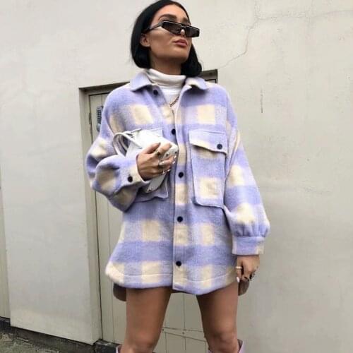 Elegant Spring Fall Purple Plaids Jackets Checked Single-breasted Cardigan Irregular Pockets Woolen Coat Long Crop Tops Abrigos