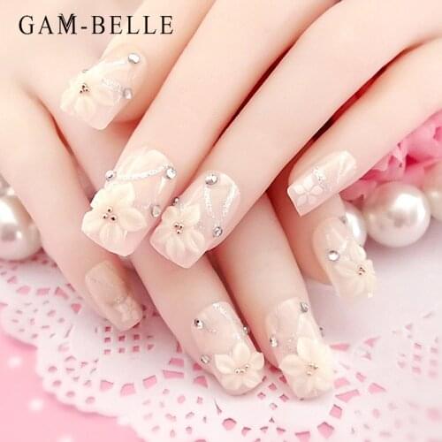 GAM-BELLE 24Pcs 3D White Carving Flower Fake Nails French Wedding Nail Art Decoration False Press On Nails Tips Manicure Tool