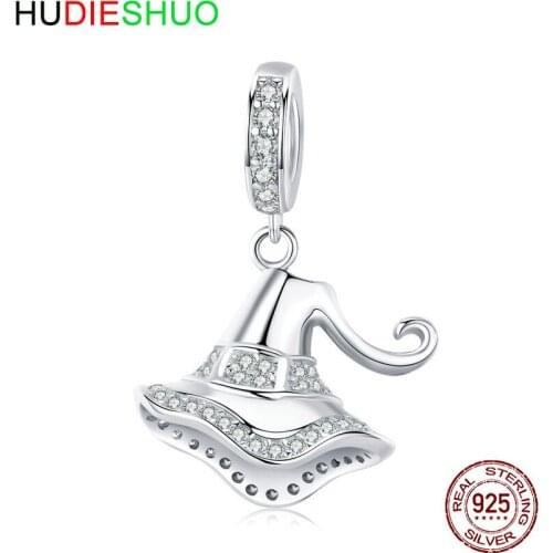 HUDIESHUO Halloween and Christmas Gifts Wizard Hat Pendant Charm fit Women Original 925 Silver Bracelet Necklace Girls Jewelry