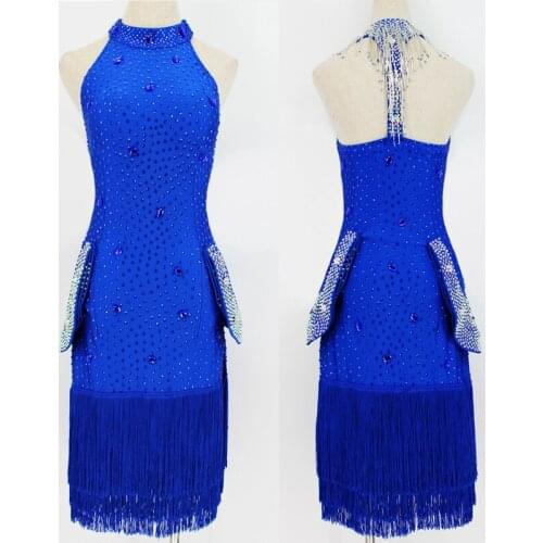 Sparkly Latin Dance Dress Women Rhinestone Tassels Royal Blue Dresses Prom Performance Wear Sexy Latin Competition Dress BL5385