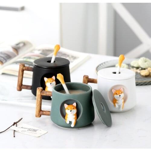 Coffee Mugs Cartoon Mug Ceramic Mug With Lovely Dog Spoon Couple Creative Color Milk Office Gifts for Children Water Cup
