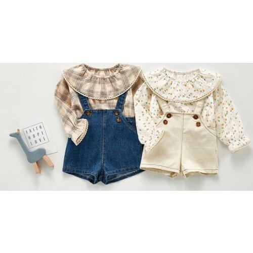20202 0-24M Korea style Baby Girl Clothing Lace Ruffle Collar Plaid/Floral Print Flare Long Sleeve Blouse+Solid Denim Overalls