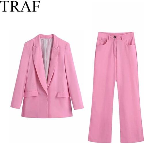 TRAF Womens Clothing 2021 Pant Suits Casual Long Sleeve Elegant Blazer Trouser Suits Chic High Waist Pants Two Piece Set Outfit