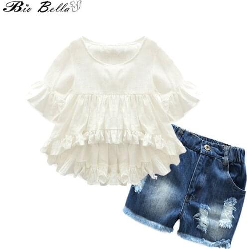 Fashion Girls Outfits Clothes Suit Front Short Back Long Irregular T-shirt Tops +Denim Shorts 2pcs Ruffles Girl Set