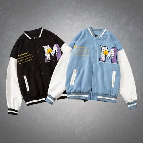 Furry Big Letter Daisy Flowers Mens Baseball Jacket Spring Retro Embroidery Patchwork College Style Unisex Bomber Jackets Mens