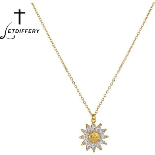 Letdiffery Fashion Sunflower Zircon Crystal Pendants Necklace for Women Luxury Golden Stainless Steel Party Jewelry Gifts