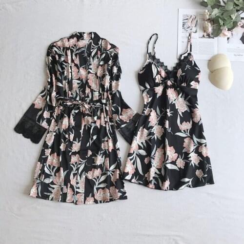 Summer 2PCS Sleepwear Casual Kimono Bathrobe Gown Print Wedding Robe Set Soft Satin Nightgown Intimate Lingerie Sexy Homewear