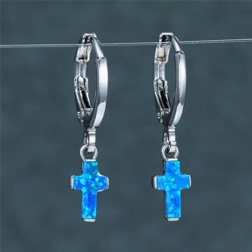 Minimalist Female White Opal Stone Earrings Dainty Small Hoop Earrings For Women Dainty Bridal Cross Wedding Earrings