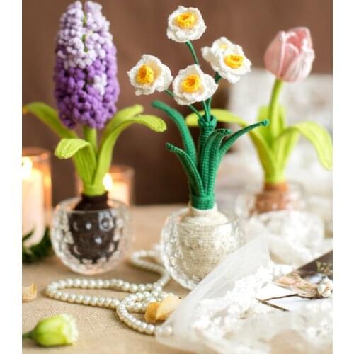 Handmade DIY Wool Knitting Crochet Flowers Hyacinth Tulip Daffodil Shape Artificial Crochet Desk Home Decoration
