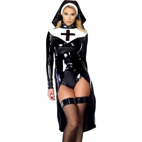 New Style Nun Costume Sexy Womens Saintlike Seductress Halloween Costume With Vinyl Top Panty and Headpiece