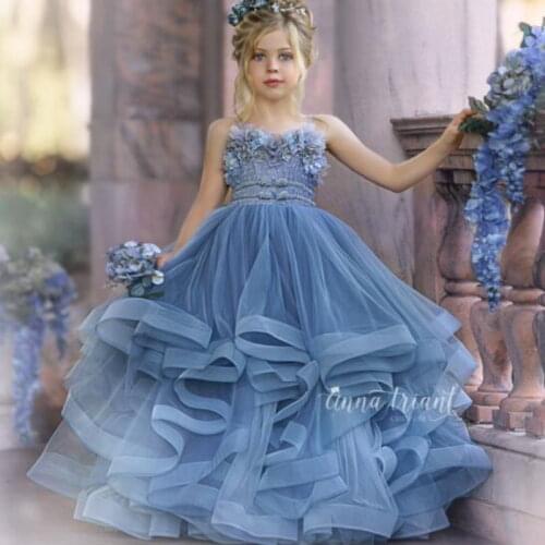 Haze Blue Flower Girl Dresses for Wedding Lace 3D Floral Appliqued Little Kids Pageant Dress Tiered Skirts Vestidos De Desfile