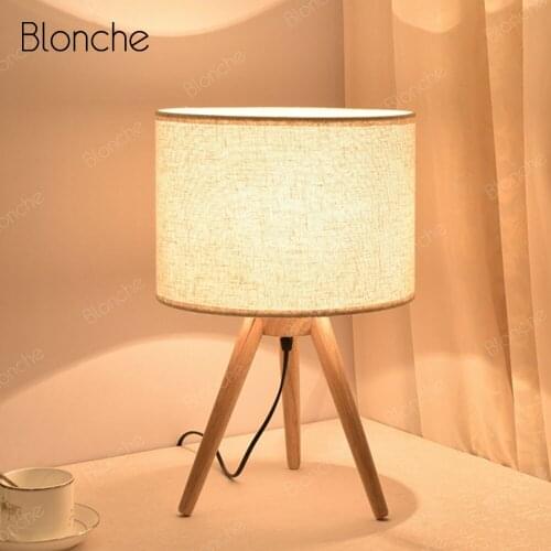 Nordic Wood Tripod Table Lamp Modern Bedroom Bedside Lamp Fabric Desk Light for Home Deco Living Room Office Study Light Fixture