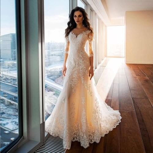 Vestido De Noiva Three Quarter Sleeve Wedding Dress Appliques Tulle Robe De Mariage Illusion Back Trouwjurk Abito Da Sposa
