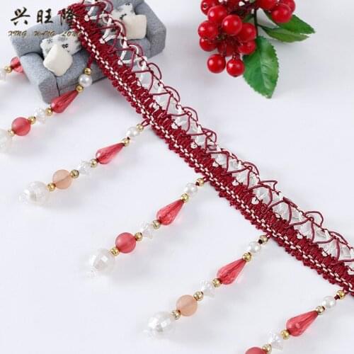 XWL 12M/Lot Crystal Beads Curtain Lace Trims Sofa Stage Valance Decor Curtain Accessories Tassel Fringe Lace Ribbon DIY Sewing