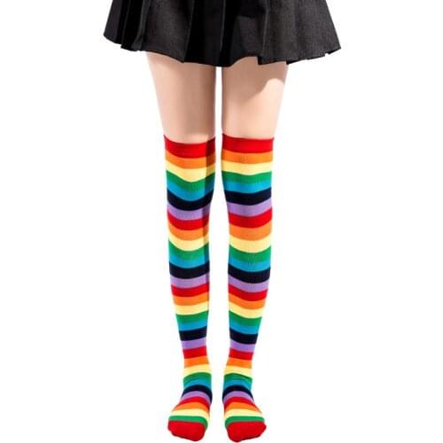 Women rainbow Stockings Cute Cotton Thigh High Mixed Colored Rainbow Striped Long Stockings Knitted Ladies Over The Knee Socks