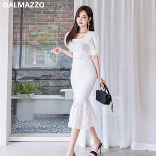 Fashion White Lace Hollow Out Square Collar Short Sleeve Tops + Half Mermaid Skirt 2 Piece Sets 2020 Summer Womens Skirt Suits