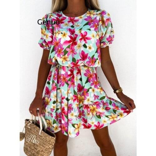 Women Sexy O Neck Ruffle A-Line Party Dress Spring Elastic Waist Office Lady Mini Dress Summer Short Sleeve Floral Print Dresses