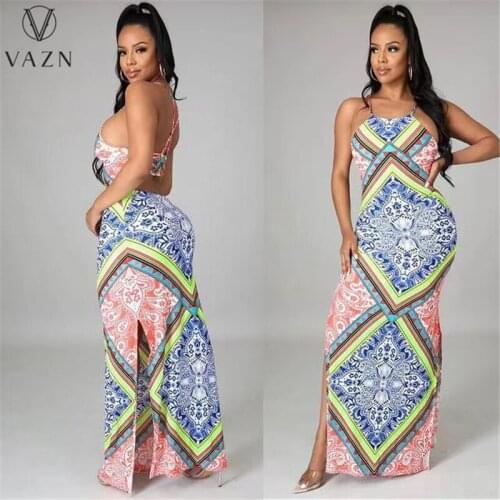 VAZN 2021 Top Quality Europe And America Retro Bohemian Long Dress Spaghetti Strap Backless Women High Waist Maxi Thin Dress