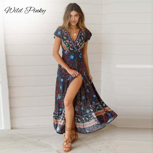 WildPinky Floral Print Boho Maxi Dress Sexy Deep V Neck Women Summer New Elegant Beach Dresses Casual Front Split Long Vestidos
