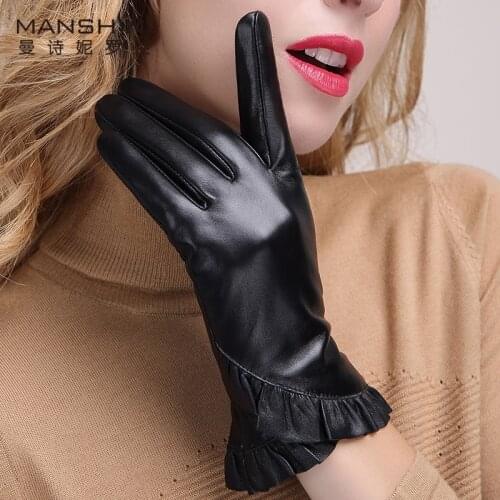 Winter fashioned genuine leather touch screen gloves woman winter sheepskin telefingers gloves add velvet warm gloves MLZ012