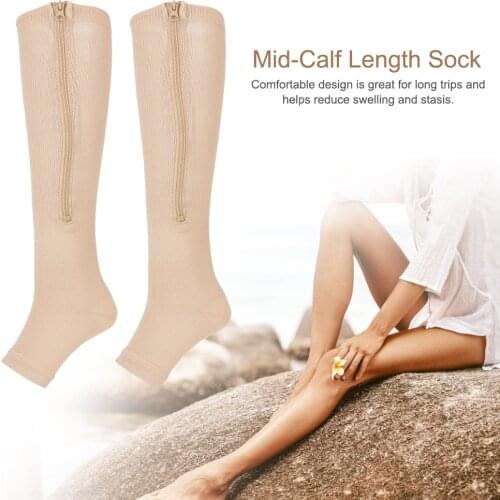1Pair Anti-slip Zipper MidCalf Length Sock Compression Vein Elastic Stockings Slim Leggings Stretch Socks Open Toe SkinColor XXL