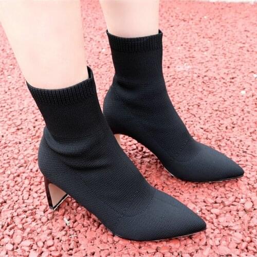 2020 Big Size 33-43 Fashion Ankle Boots Knitting Leather Boots Thick High Heels Round Toe Women Boots Black Red