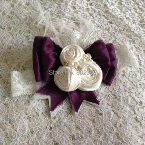 Free Shipping Dupioni Silk Roll Flower Purple Big Bow Headband Girls Hair Accessories
