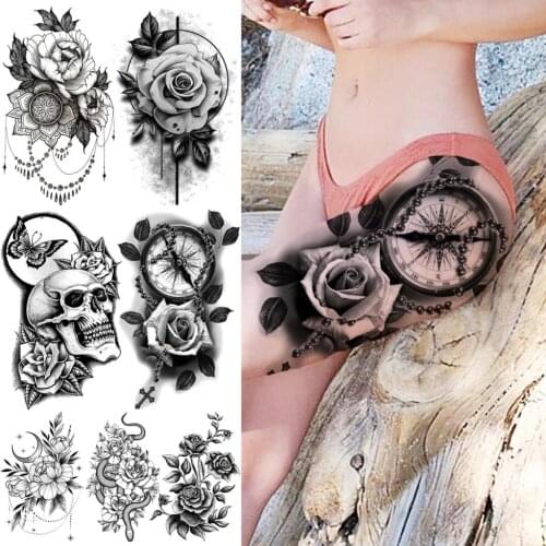 Large Black Compass Rose Flower Temporary Tattoos For Women Girls Realistic Snake Flora Skull Fake Tattoo Sticker Tatoos Thigh