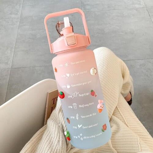 2L Large Capacity Water Bottle with Bounce Cover High Temperature Plastic Water Cup Time Scale Frosted Outdoor Sports Couple Cup