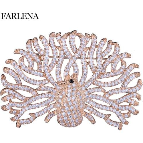 FARLENA Jewelry Luxury Micro Pave Zircon Peacock Brooches for Women Wedding Party Accessory Fashion CZ Crystal Brooch