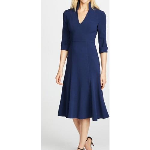Summer Dress 2021 New Front V neck Stand Slim Half Sleeve Knee Length Dress Women Solid Navy A Word Swing High Waist Dress