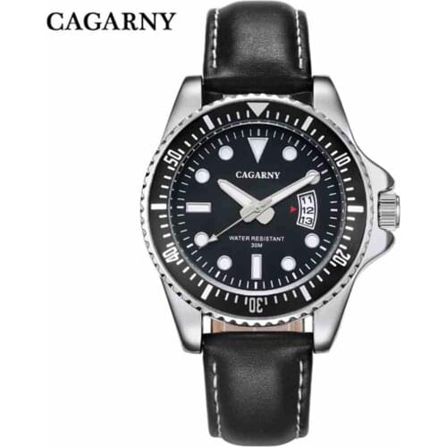 CAGARNY Men Quartz Waterproof Watches Fashion Brand Clock Stainless Steel Case Calendar Display Real Leather Strap Montre Femme