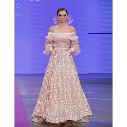 New Fashion Show Style Luxury Celebrity Cocktail Outfit Party Dress Women Floral Long Sleeve Feathers Pink Long Dress Vestidos